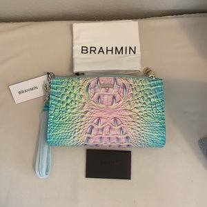 New Brahmin Daisy blue/ pink Cotton Candy Ombré leather wristlet.